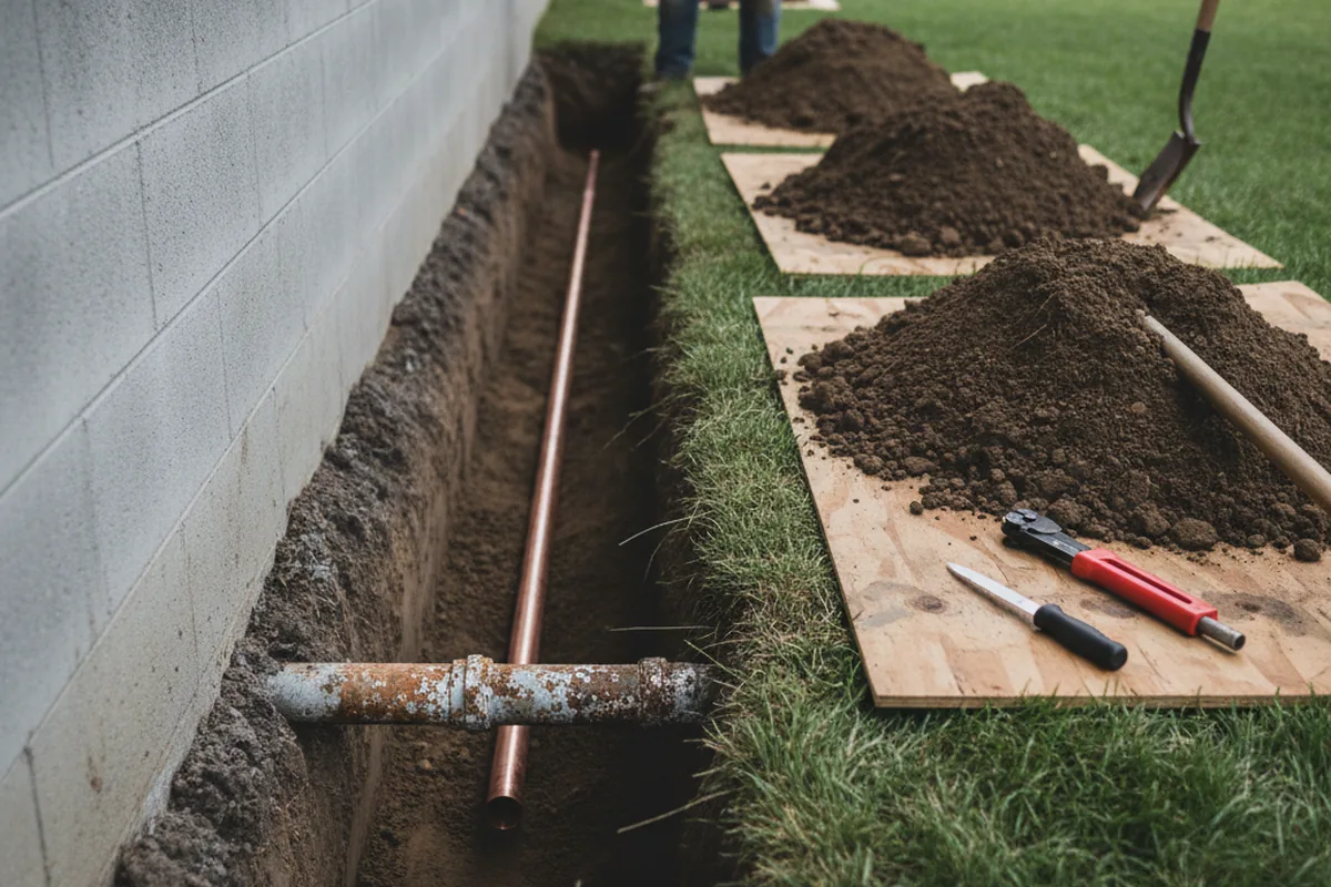 Excavated water line trench during Water Softener Installation in Chattanooga